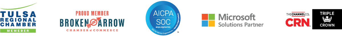 SOC 2 Type II Compliant Microsoft Solutions Partner CRN Award Broken Arrow Chamber and Tulsa Regional Chamber Member